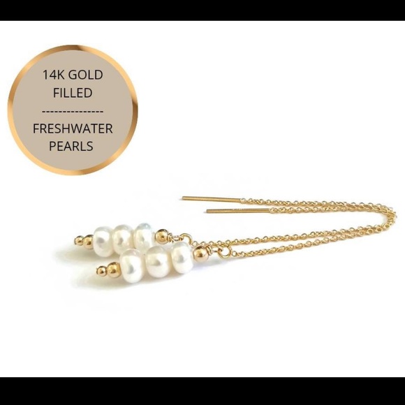 Real Freshwater Pearl Threader Earrings Dainty 14k Gold Filled Pearl Ear Threads - Picture 1 of 5